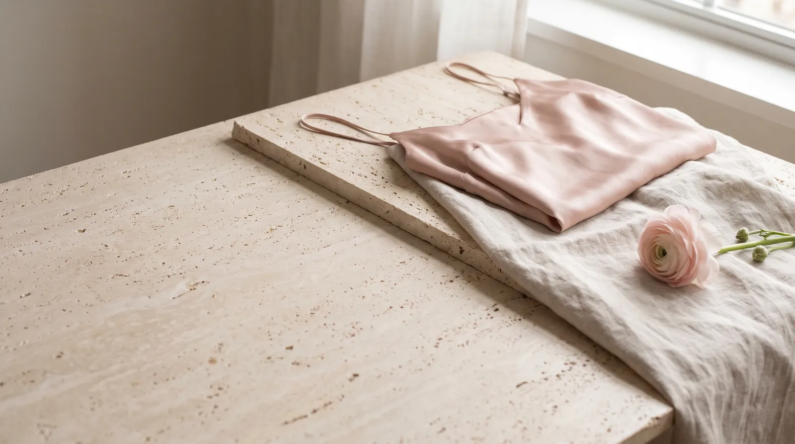 Caraco de soie rose pâle posé sur du lin, une renoncule à côté, sur une table de travertin